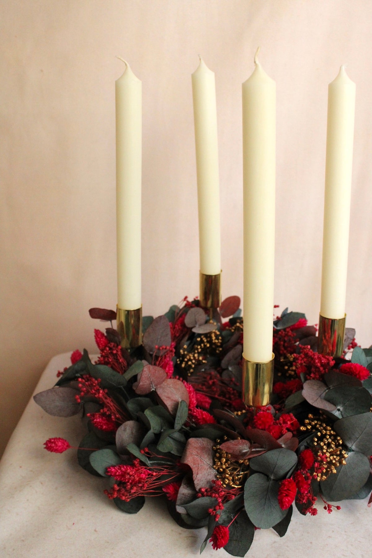 PRE-ORDER | Kleiner Adventskranz Trockenblumen | Eukalyptus Pink Cerise