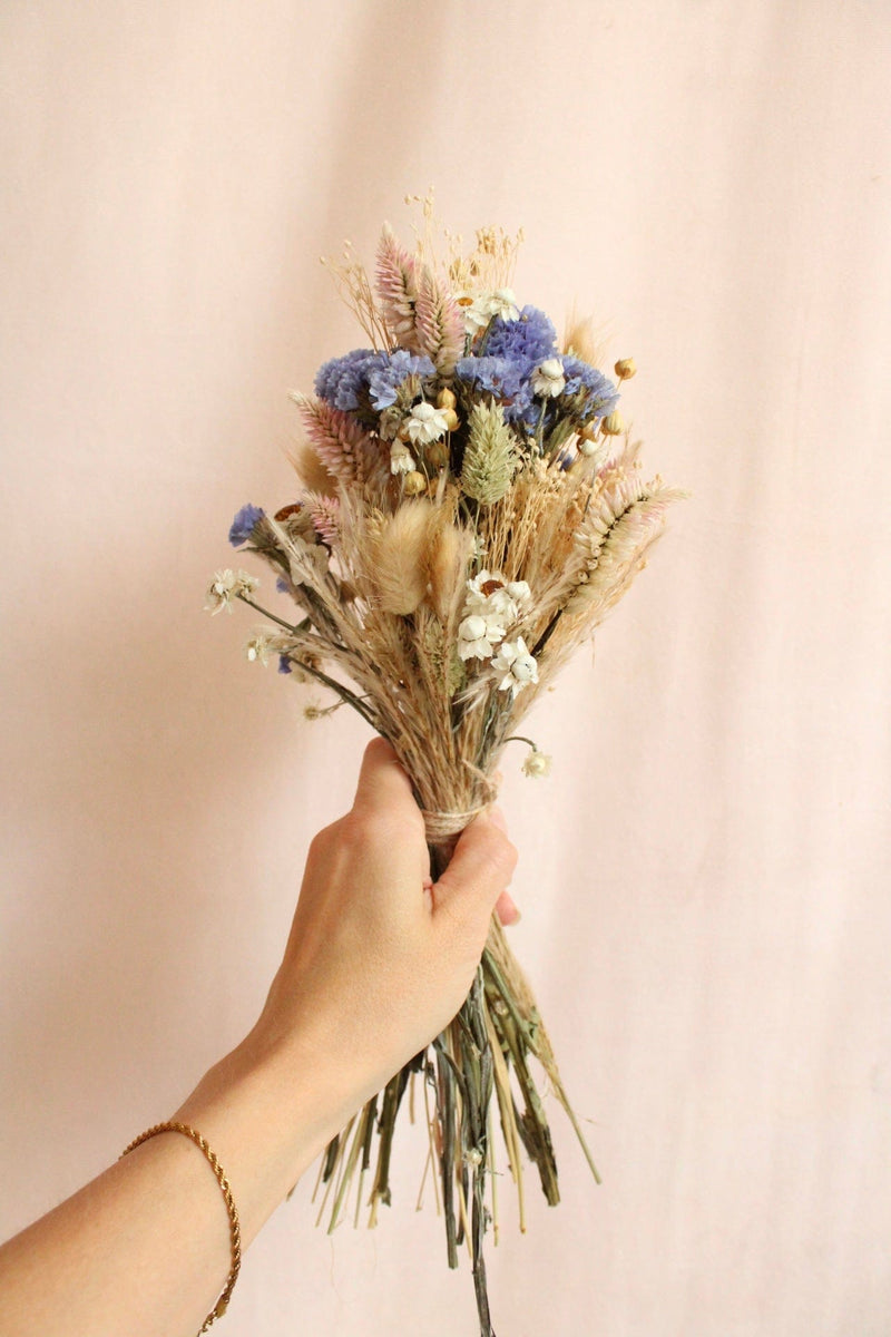 Vasenglück Trockenblumen Kleiner Trockenblumenstrauss „Strandflieder-Liebe“ | Blau, Rosa & Weiss