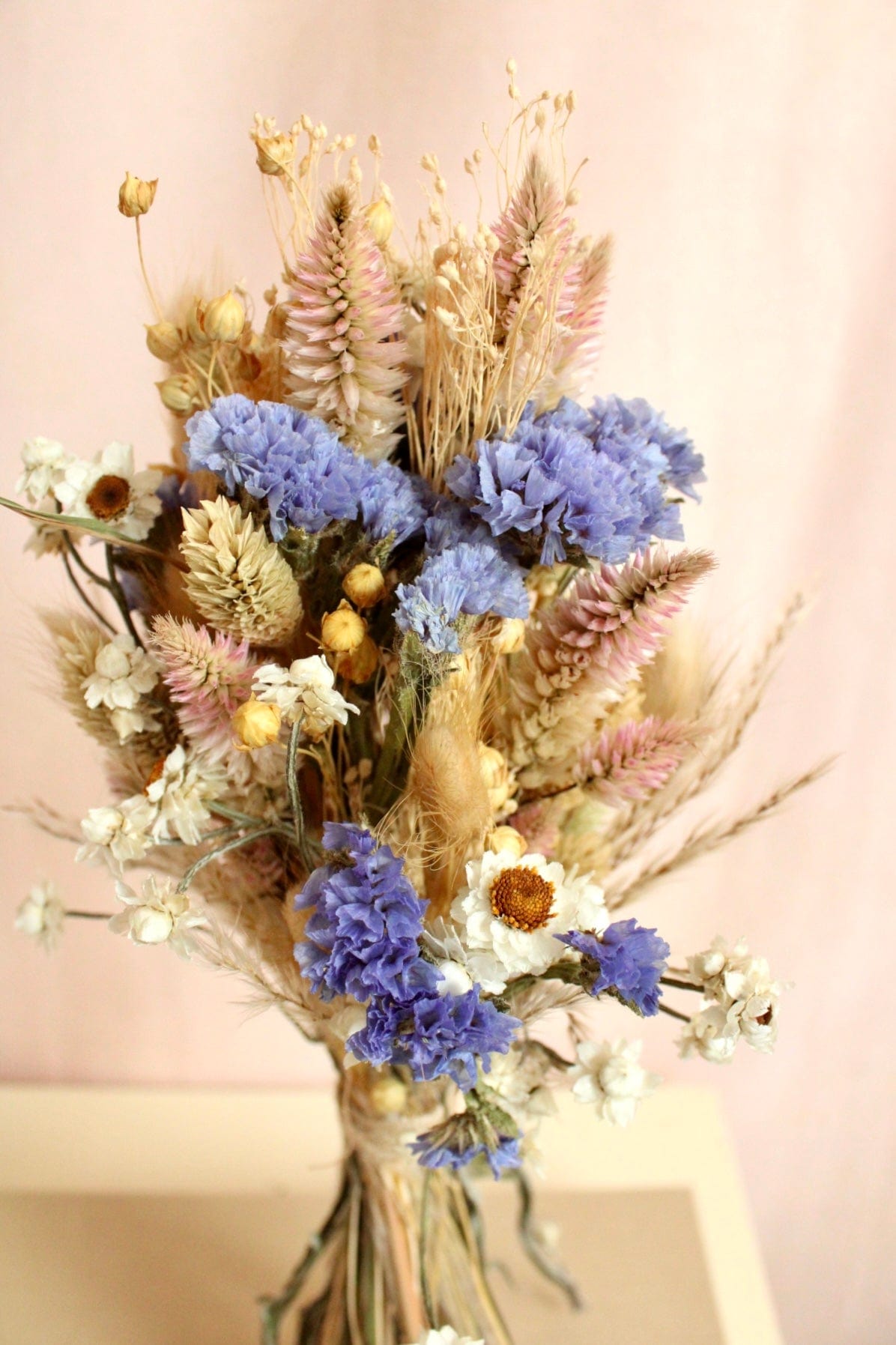 Vasenglück Trockenblumen Kleiner Trockenblumenstrauss „Strandflieder-Liebe“ | Blau, Rosa & Weiss