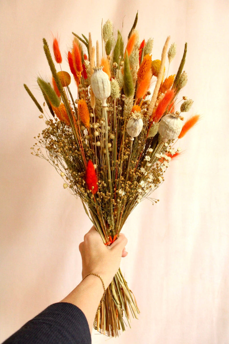 Vasenglück Trockenblumen Trockenblumenstrauss „No. 101“ in Orange, Gelb & Grün mit Mohnkapseln