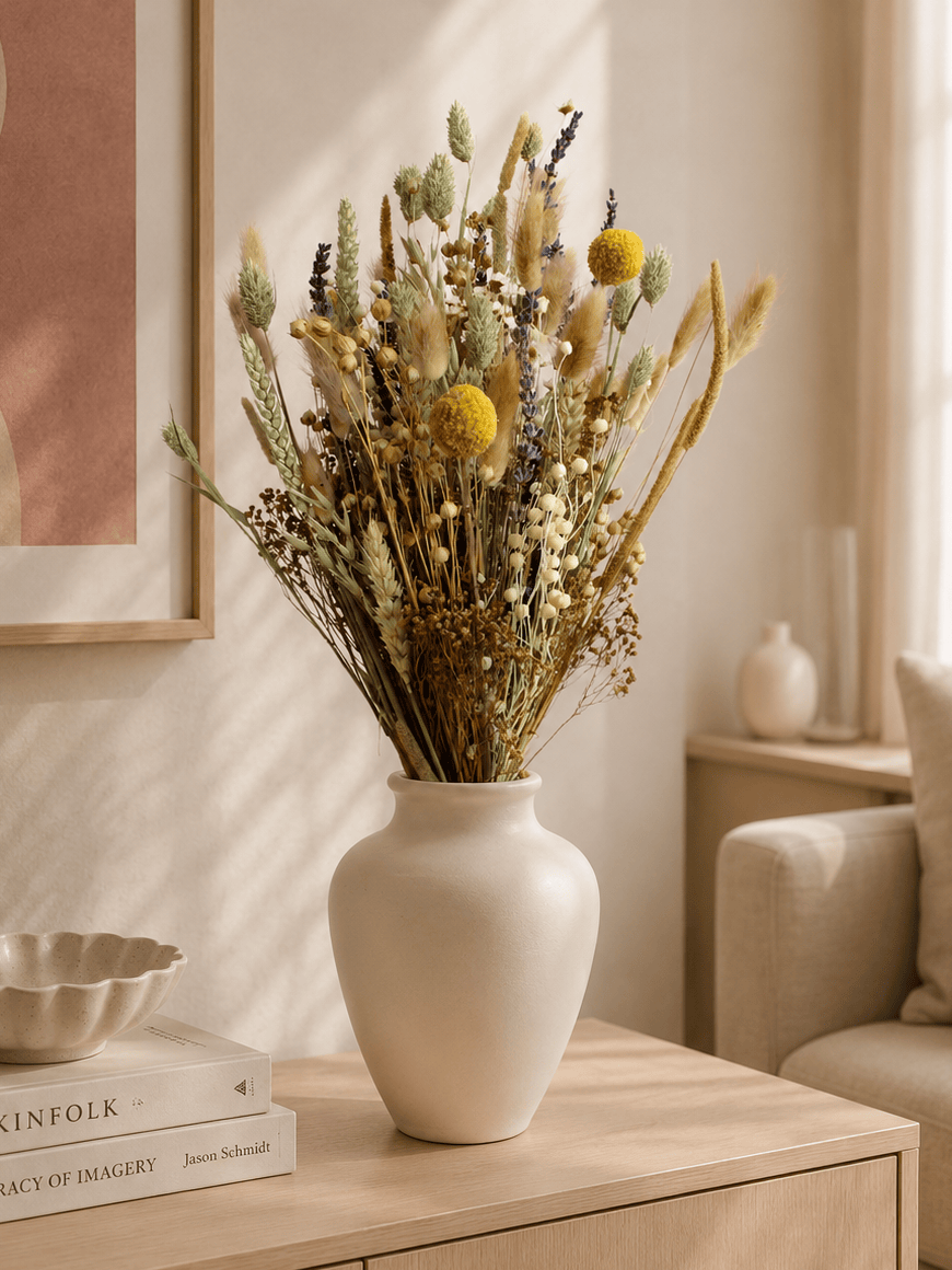 Vasenglück – Trockenblumenstrauß 45cm Hafer, Lavendel, Lagurus
