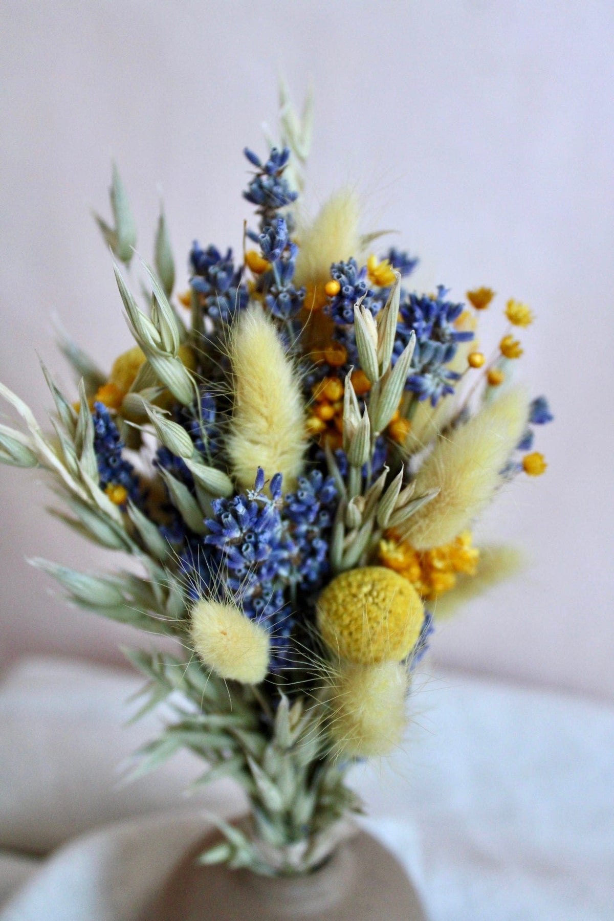 Mini-Trockenblumenstrauss Lavendel Grün Gelb 25cm