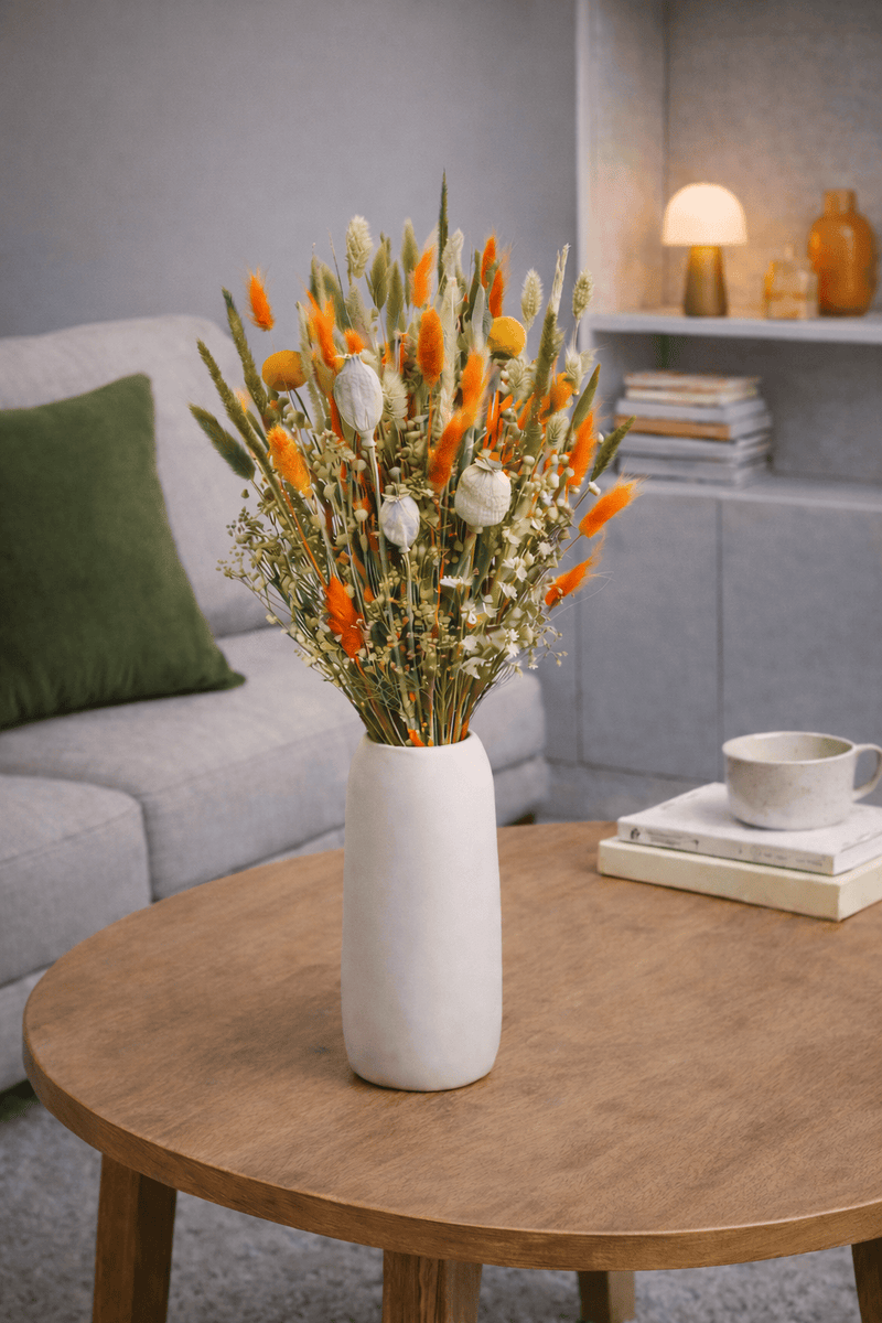 Vasenglück Trockenblumen Trockenblumenstrauss „No. 101“ in Orange, Gelb & Grün mit Mohnkapseln