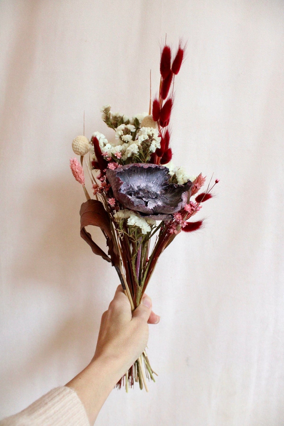 Vasenglück Trockenblumen Klein (ca. 38cm Länge) Trockenblumenstrauss „No. 109“ in Dunkelrot, Rosa & Cremeweiss