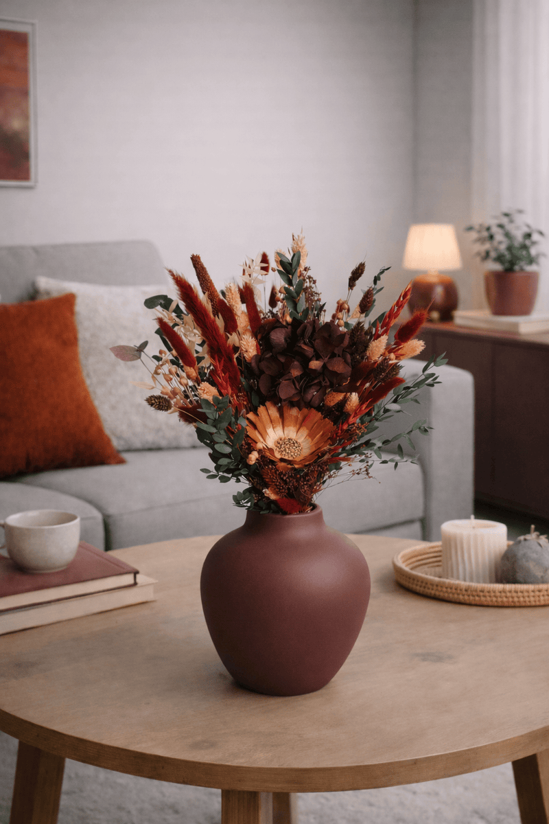 Vasenglück Trockenblumen Trockenblumenstrauss „No. 111“ in Dunkelrot & Rosa mit Hortensie & Eukalyptus