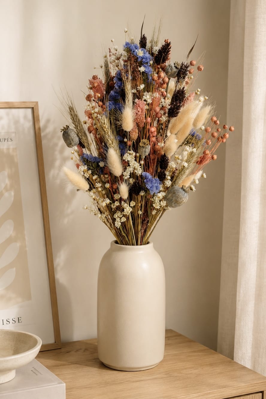 Vasenglück Trockenblumen Trockenblumenstrauss „No. 114“ in Apricot & Blau mit Mohn & Strandflieder