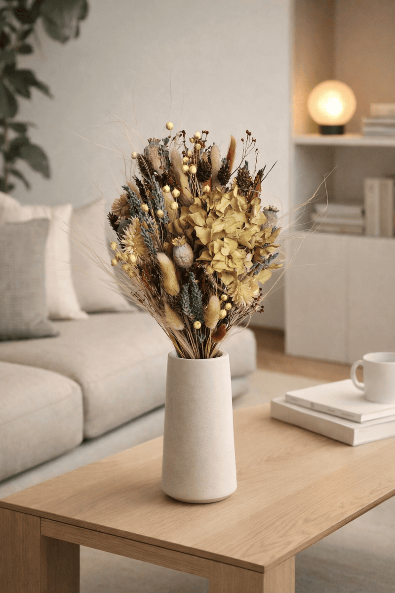 Vasenglück Trockenblumen Trockenblumenstrauss „No. 115“ in Braun & Creme mit Mohn & Hortensien