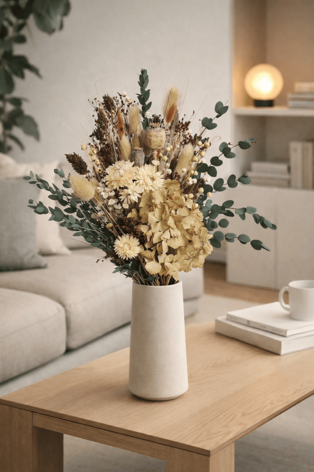 Vasenglück Trockenblumen Trockenblumenstrauss „No. 116“ in Braun & Creme mit Eukalyptus & Hortensie