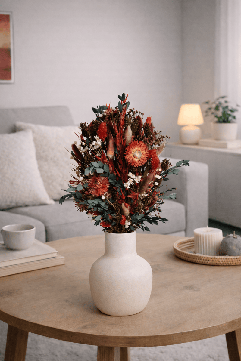 Vasenglück Trockenblumen Trockenblumenstrauss „No. 117“ in Rot & Braun mit Eukalyptus & Strohblumen