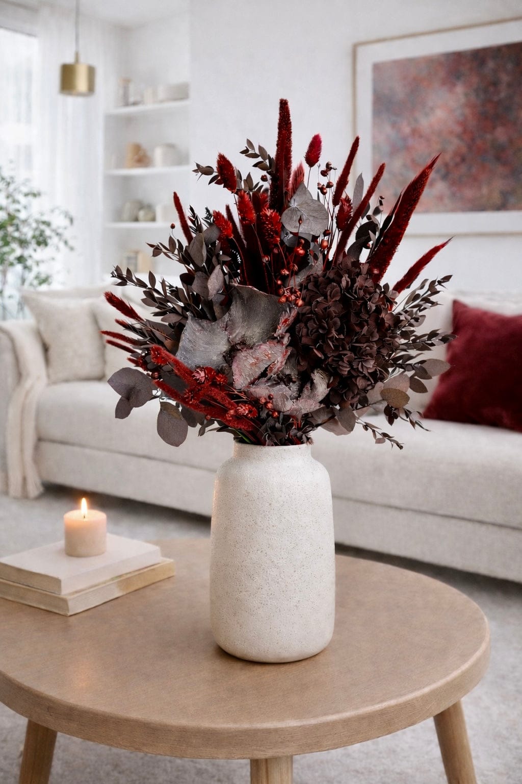 Vasenglück Trockenblumen Trockenblumenstrauss „No. 120“ in Dunkelrot mit Hortensie & Eukalyptus