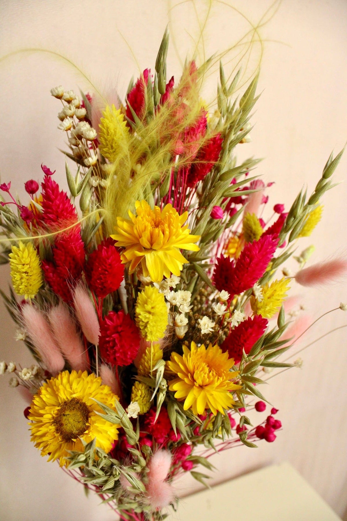 Vasenglück Trockenblumen Trockenblumenstrauss „No. 124“ in Pink & Gelb mit Strohblumen