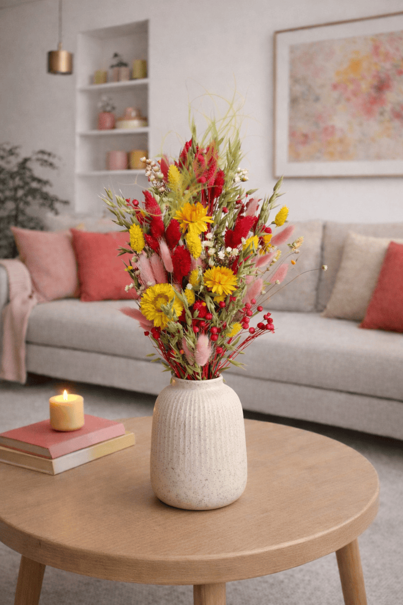 Vasenglück Trockenblumen Trockenblumenstrauss „No. 124“ in Pink & Gelb mit Strohblumen