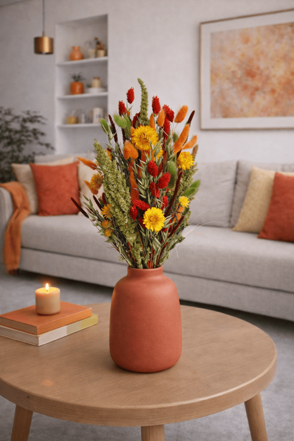 Vasenglück Trockenblumen Trockenblumenstrauss „No. 125“ in Gelb, Grün & Orange mit Strohblumen