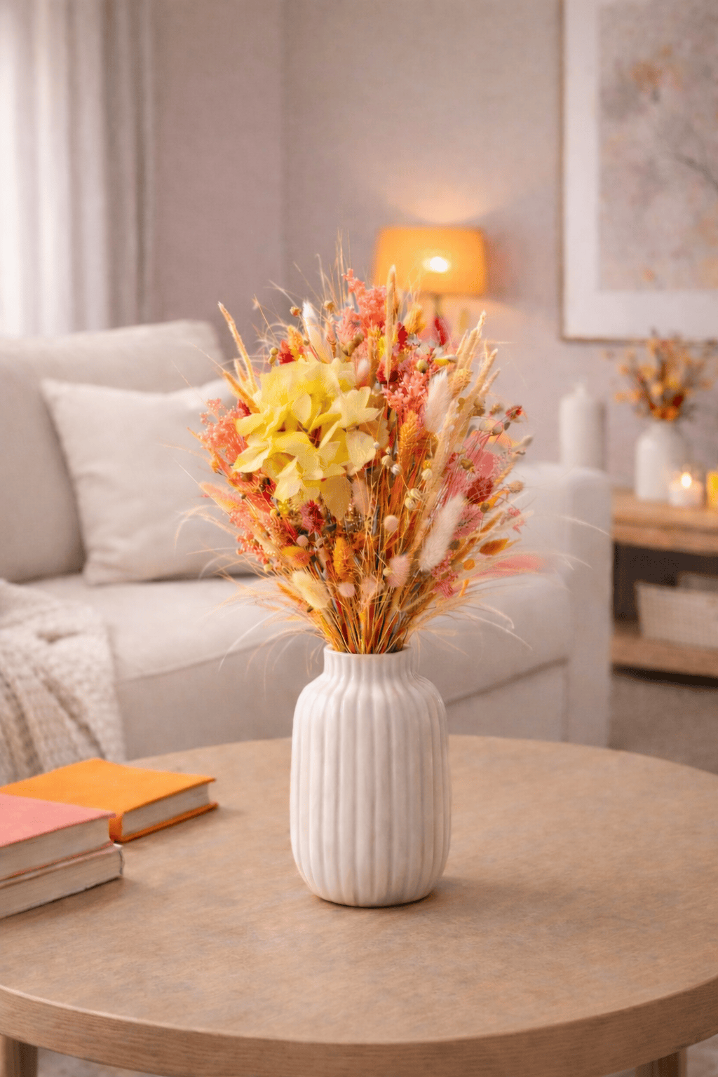 Vasenglück Trockenblumen Trockenblumenstrauss „No. 134“ in Gelb und Orange mit Hortensien