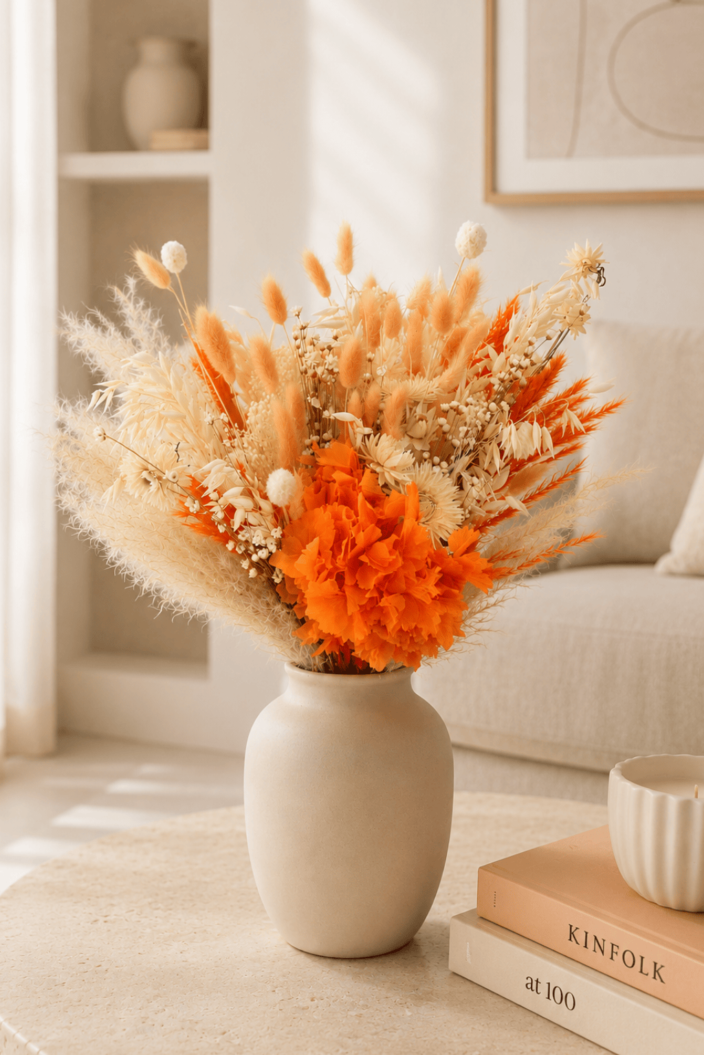 Vasenglück Trockenblumen Trockenblumenstrauss „No. 144“ in Creme & Orange mit Pampasgras & Hortensie