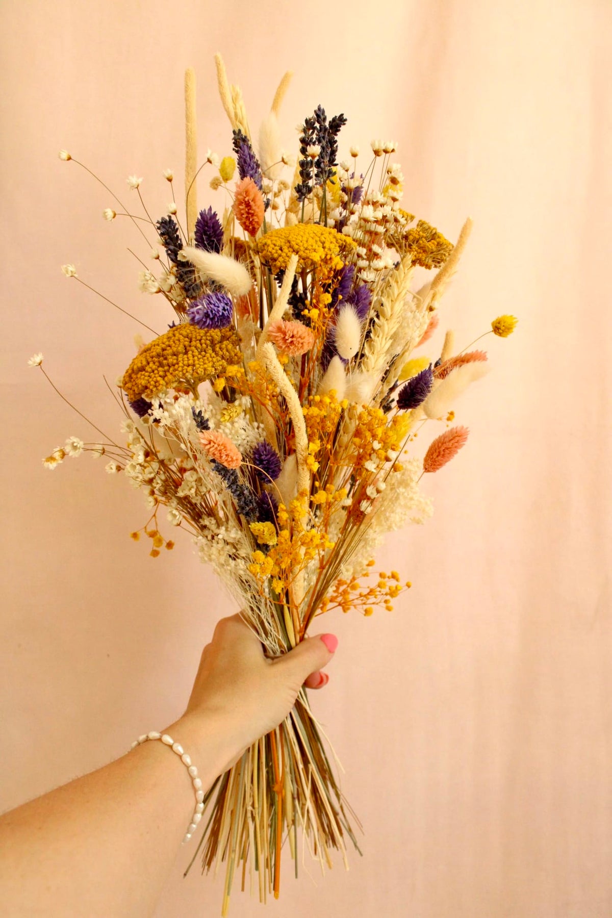 Vasenglück Trockenblumen Trockenblumenstrauss „No. 150“ Gelb & Lila mit Schleierkraut & Glixia