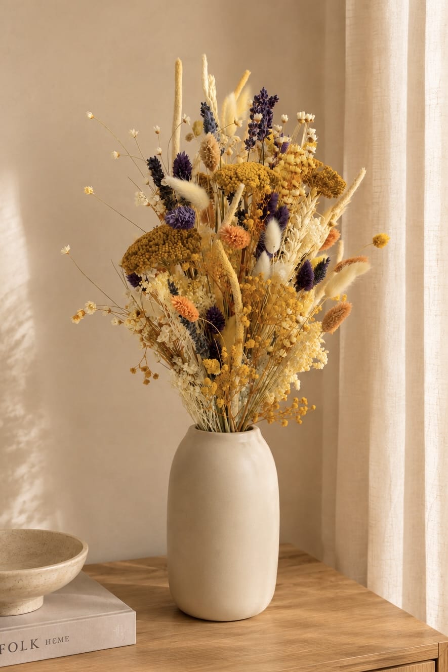 Vasenglück Trockenblumen Trockenblumenstrauss „No. 150“ Gelb & Lila mit Schleierkraut & Glixia