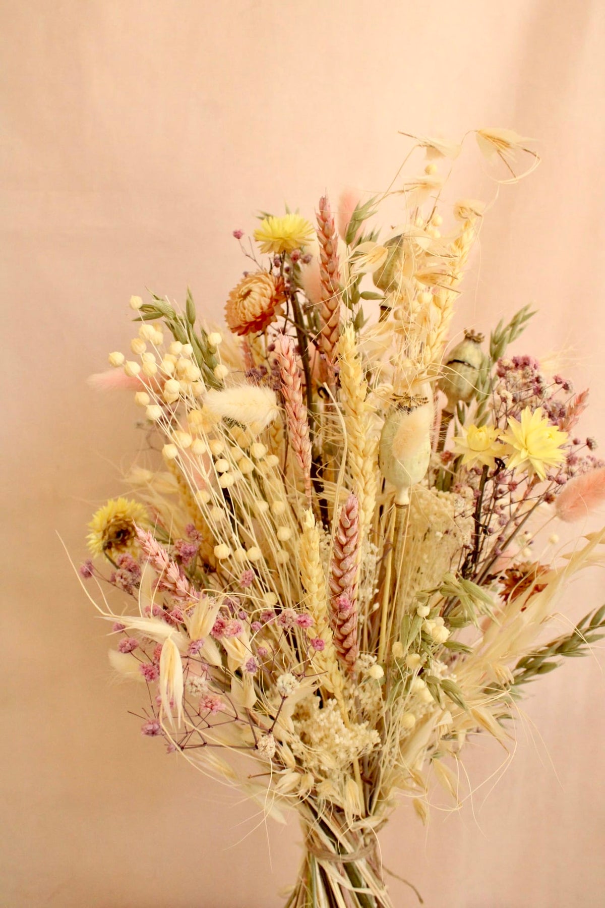 Vasenglück Trockenblumen Trockenblumenstrauss „No. 151“ Pastell Rosa & Gelb mit Strohblumen & Mohnkapseln