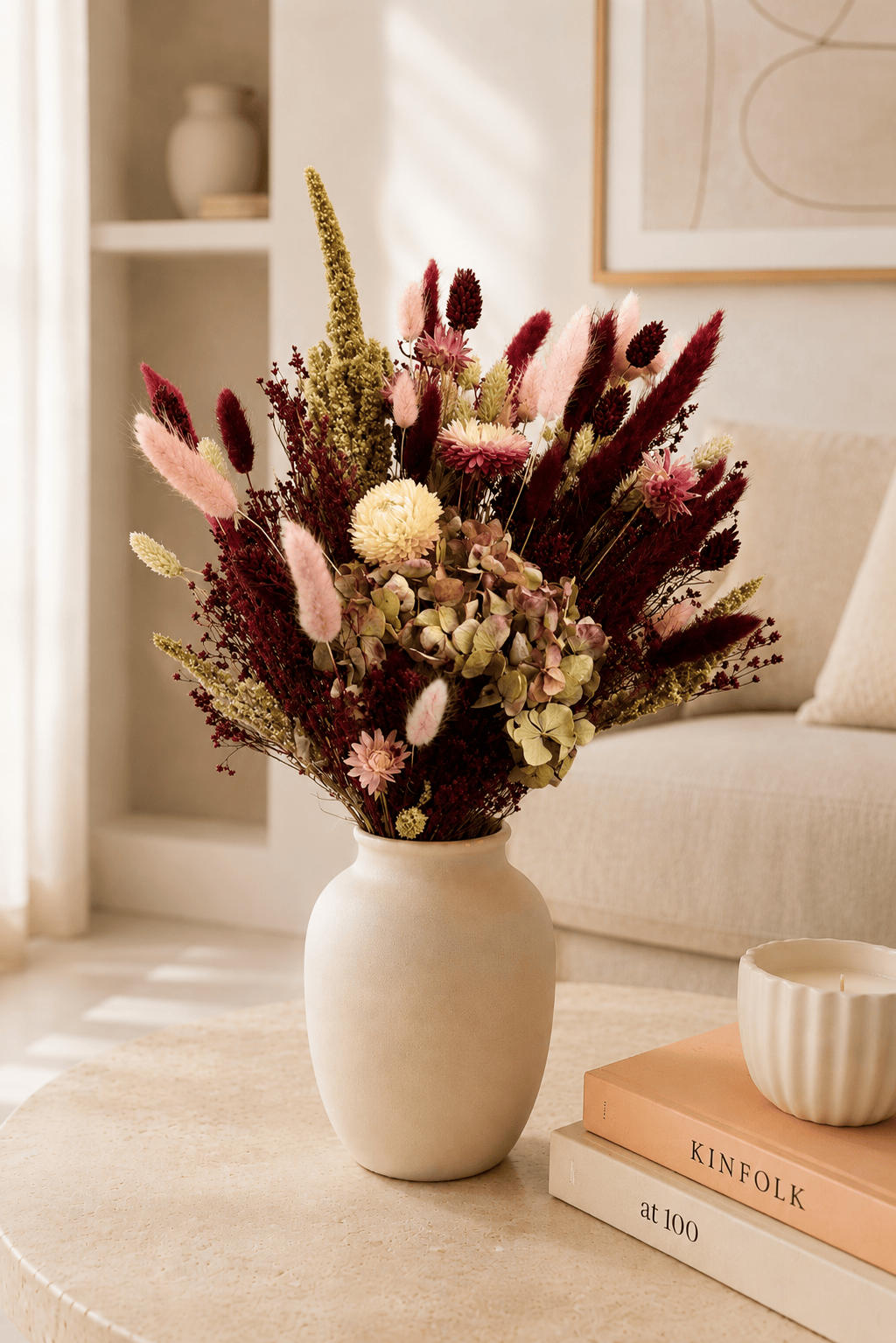 Vasenglück Trockenblumen Trockenblumenstrauss „No. 152“ in Beerenrot & Rosa mit Hortensie