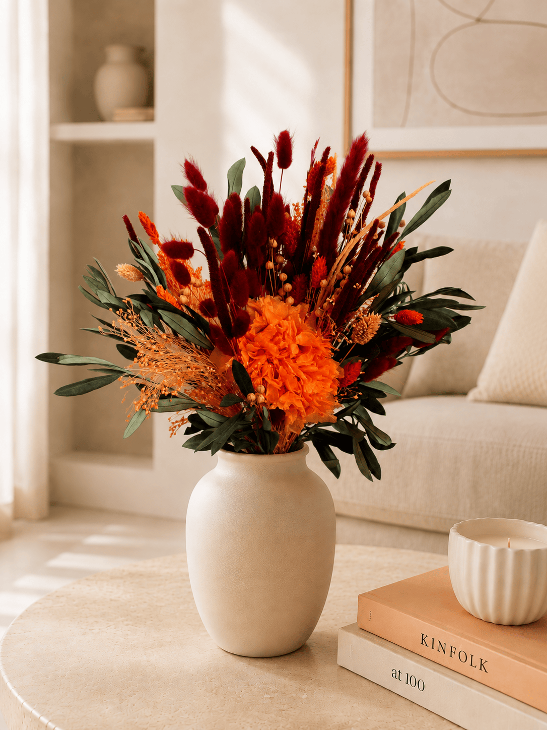 Vasenglück Trockenblumen Trockenblumenstrauss „No. 153“ in Dunkelrot & Orange mit Hortensie & Olivenzweigen