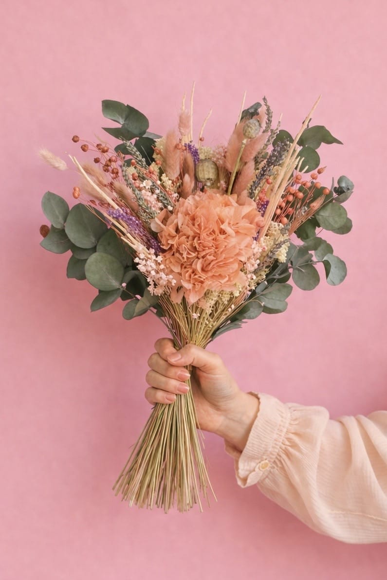 Vasenglück Trockenblumen Trockenblumenstrauss „No. 90“ in Rosa & Apricot mit Hortensie & Eukalyptus