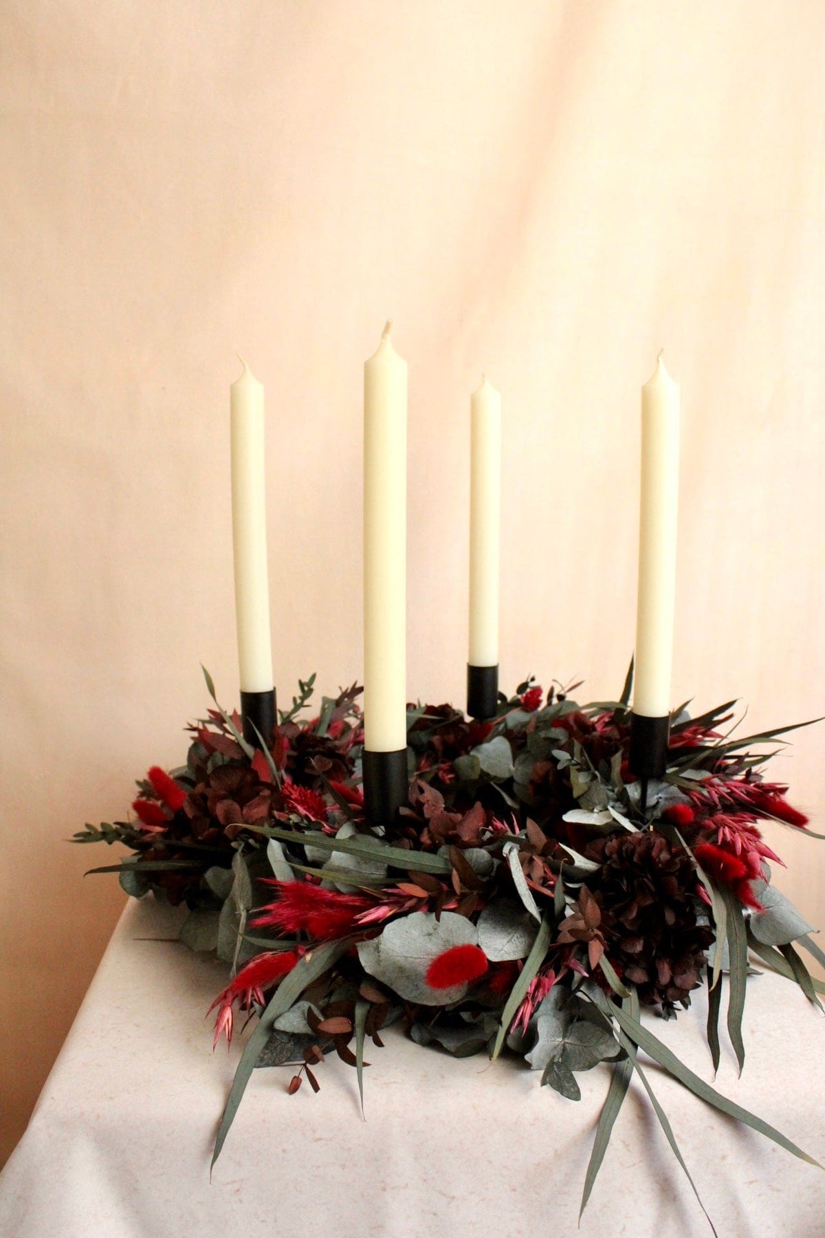 Vasenglück Trockenblumenkranz PRE-ORDER | Adventskranz Trockenblumen | Eukalyptus Hortensien Dunkelrot