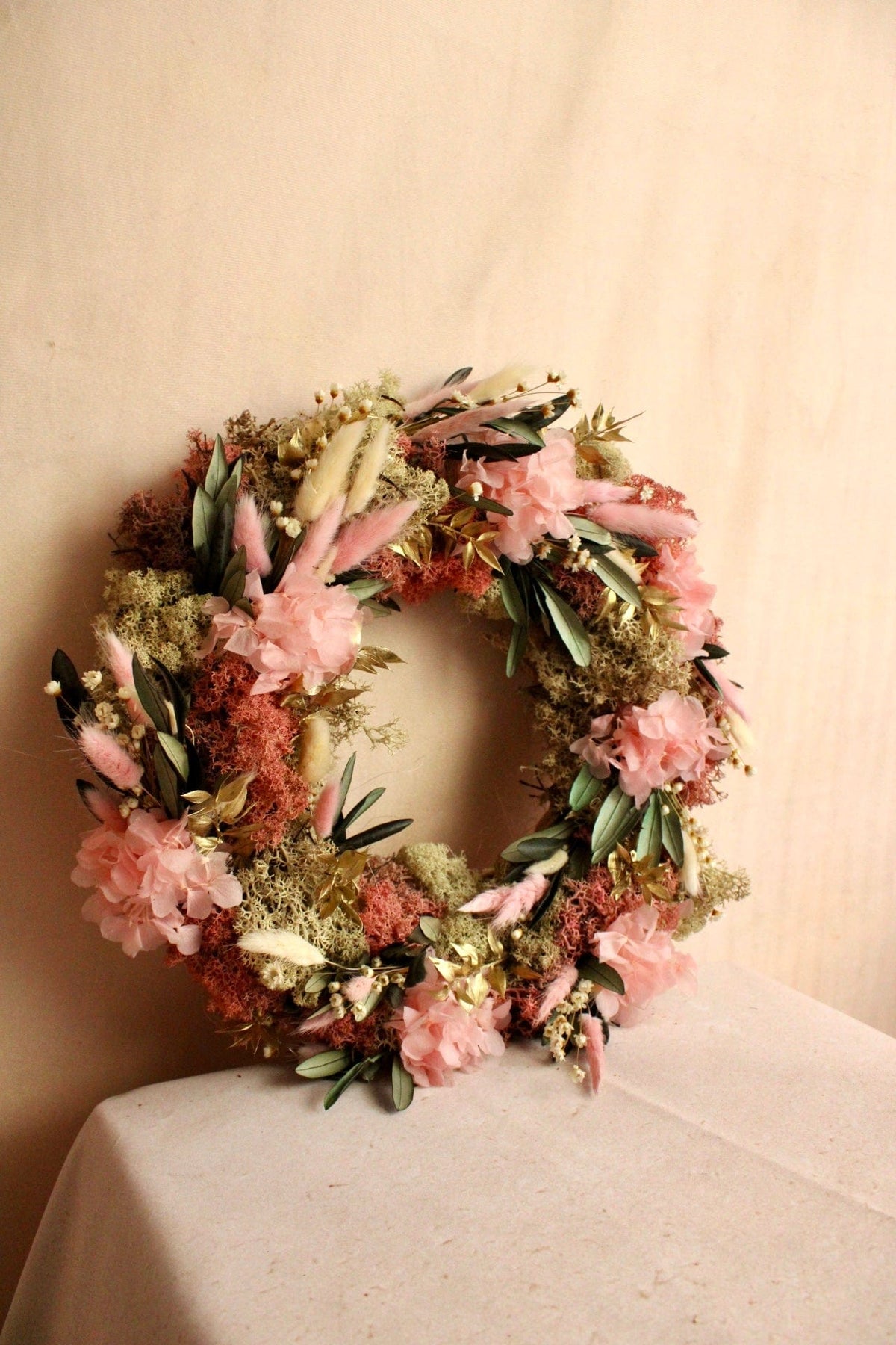 Vasenglück Trockenblumenkranz Ohne Kerzenhalter + Kerzen PRE-ORDER | Adventskranz Trockenblumen | Hortensie Moos Rosa Creme