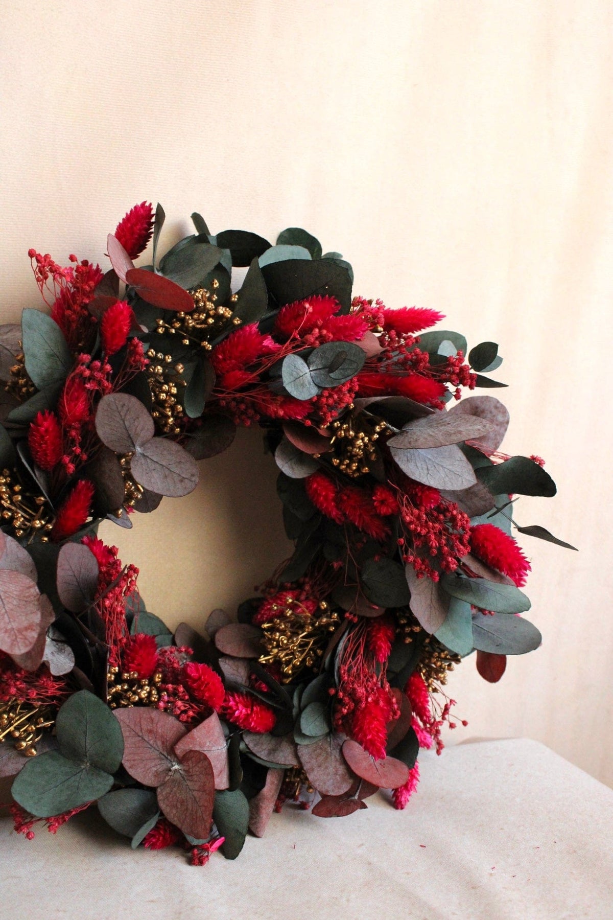 Vasenglück Trockenblumenkranz PRE-ORDER | Kleiner Adventskranz Trockenblumen | Eukalyptus Pink Cerise