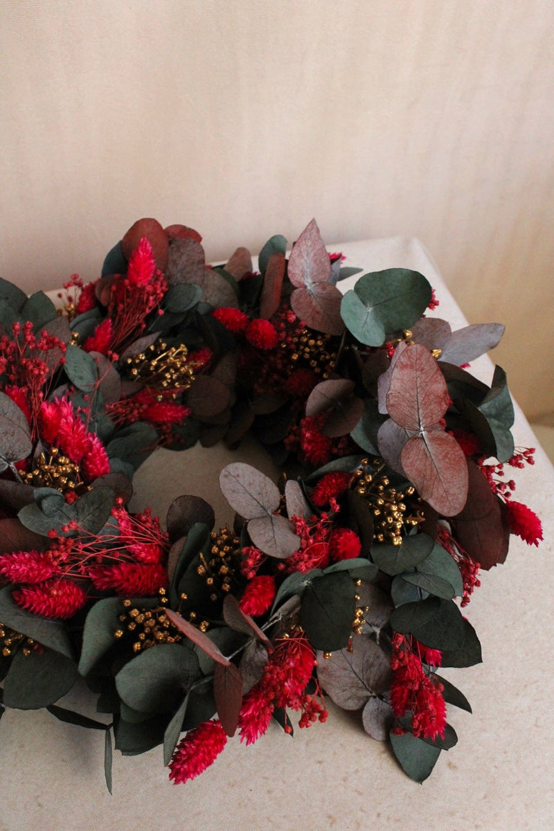 Vasenglück Trockenblumenkranz PRE-ORDER | Kleiner Adventskranz Trockenblumen | Eukalyptus Pink Cerise