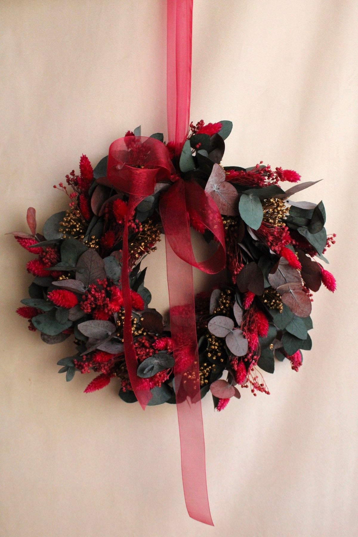 Vasenglück Trockenblumenkranz PRE-ORDER | Kleiner Adventskranz Trockenblumen | Eukalyptus Pink Cerise