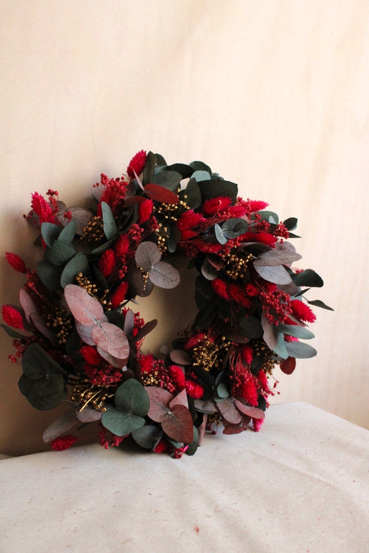 Vasenglück Trockenblumenkranz Ohne Kerzenhalter + Kerzen PRE-ORDER | Kleiner Adventskranz Trockenblumen | Eukalyptus Pink Cerise