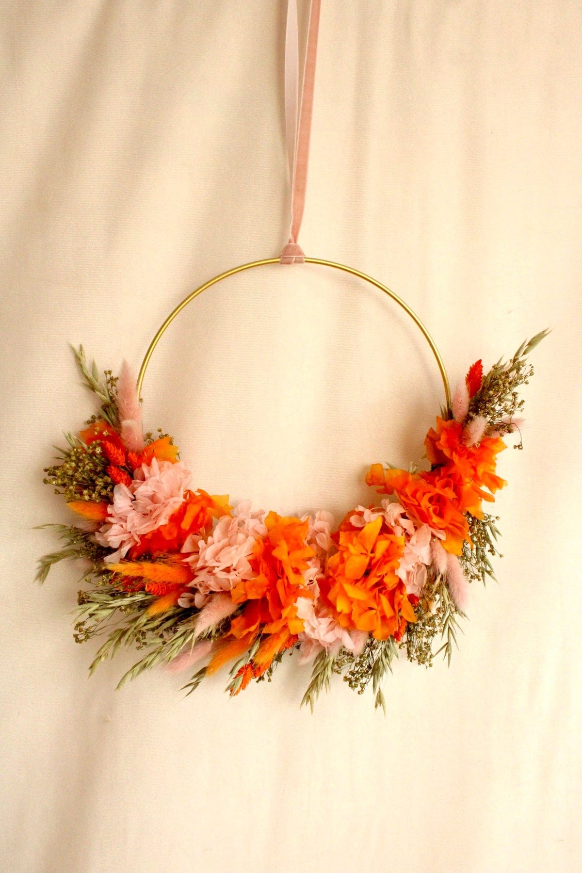 Vasenglück Trockenblumenkranz Trockenblumenkranz am Metallring | Flower Hoop | 30cm | Hortensien Rosa & Orange