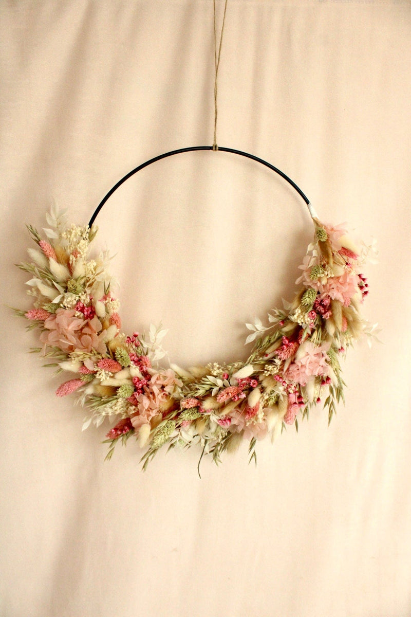 Vasenglück Trockenblumenkranz Trockenblumenkranz am Metallring | Flower Hoop | 37cm | Rosa, Grün & Weiß