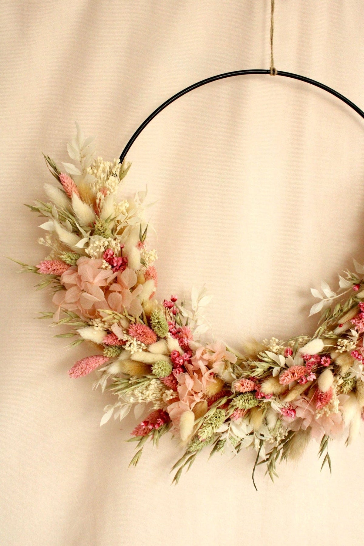Vasenglück Trockenblumenkranz Trockenblumenkranz am Metallring | Flower Hoop | 37cm | Rosa, Grün & Weiß